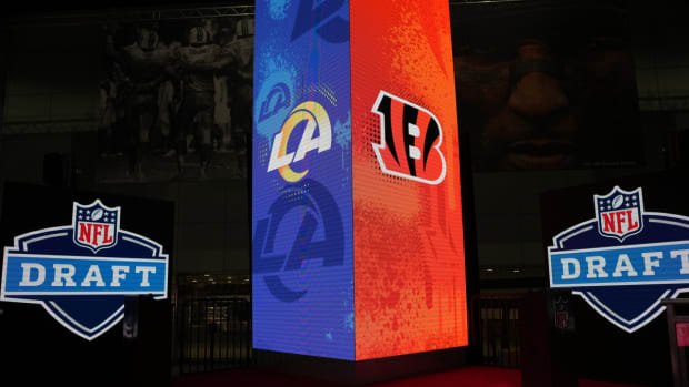 Feb 7, 2022; Los Angeles, CA, USA; Los Angeles Rams and Cincinnati Bengals loos are seen at the NFL Draft exhibit at the Super Bowl LVI Experience at the Los Angeles Convention Center. Mandatory Credit: Kirby Lee-USA TODAY Sports